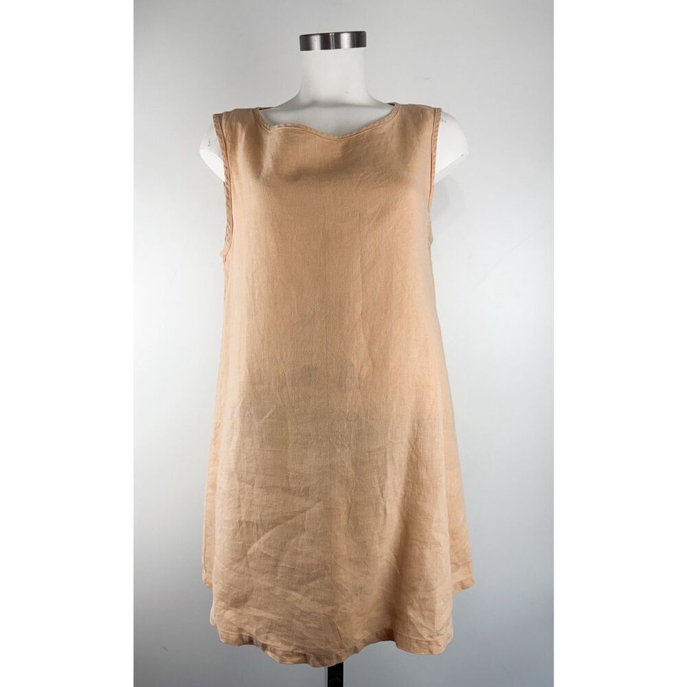 Flax Dress Womens S Small Beige Linen Sleeveless A Line Pintuck Mini Pullover